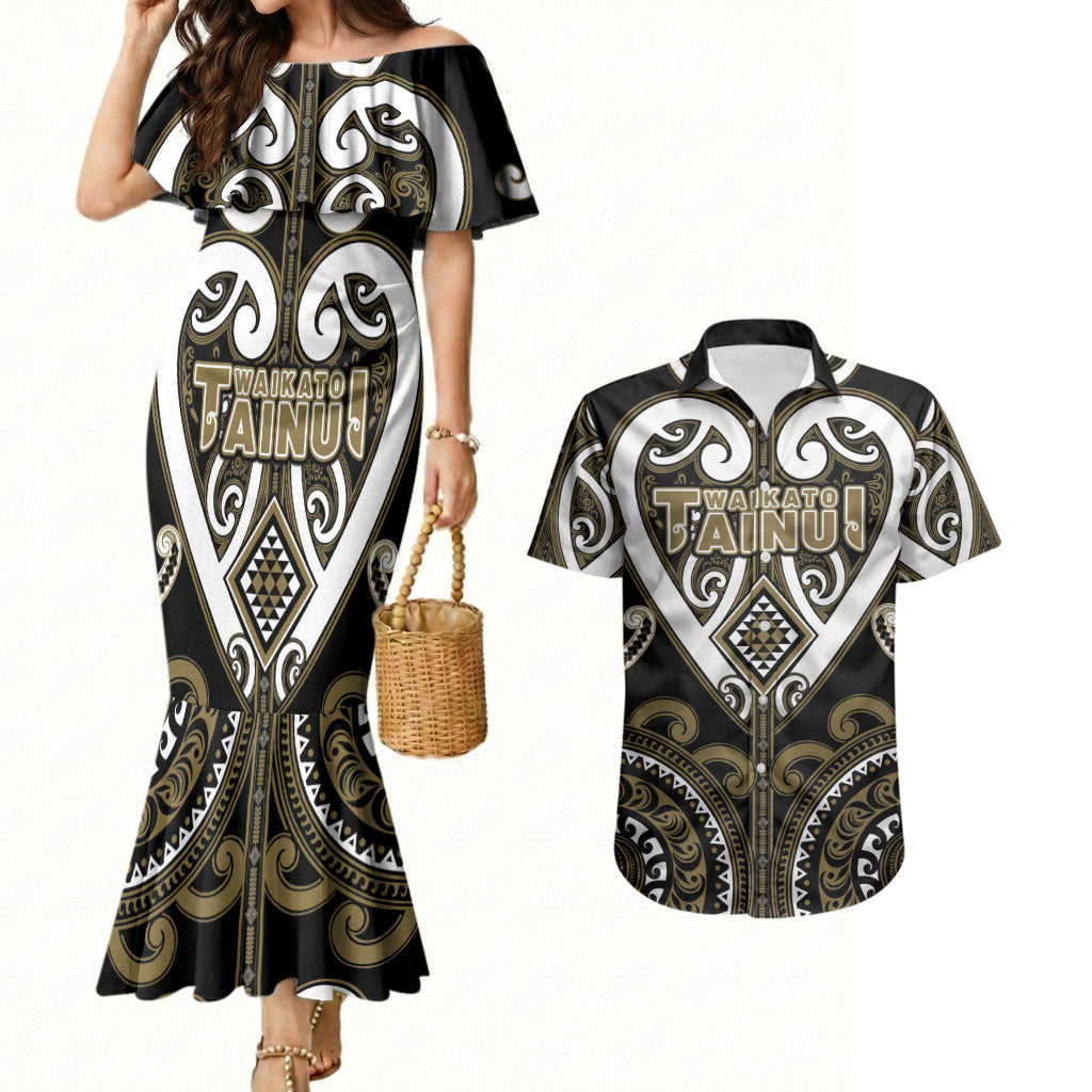 Custom Aotearoa Waikato Tainui Couples Matching Mermaid Dress and Hawaiian Shirt Maori Tribal Pattern LT05 Dark Yellow - Polynesian Pride
