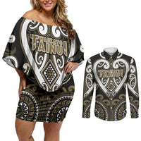 Custom Aotearoa Waikato Tainui Couples Matching Off Shoulder Short Dress and Long Sleeve Button Shirt Maori Tribal Pattern