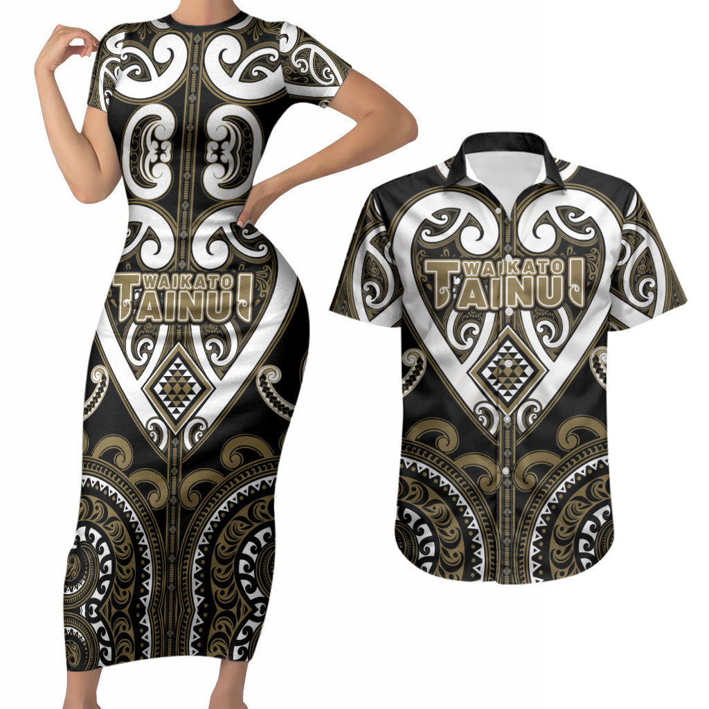Custom Aotearoa Waikato Tainui Couples Matching Short Sleeve Bodycon Dress and Hawaiian Shirt Maori Tribal Pattern LT05 Dark Yellow - Polynesian Pride