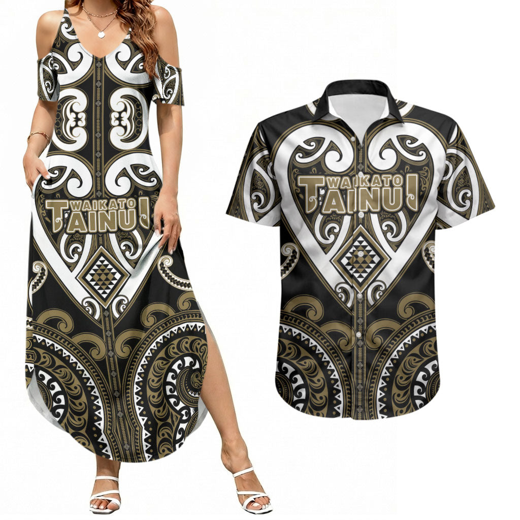 Custom Aotearoa Waikato Tainui Couples Matching Summer Maxi Dress and Hawaiian Shirt Maori Tribal Pattern LT05 Dark Yellow - Polynesian Pride