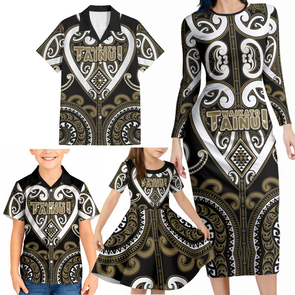 Custom Aotearoa Waikato Tainui Family Matching Long Sleeve Bodycon Dress and Hawaiian Shirt Maori Tribal Pattern