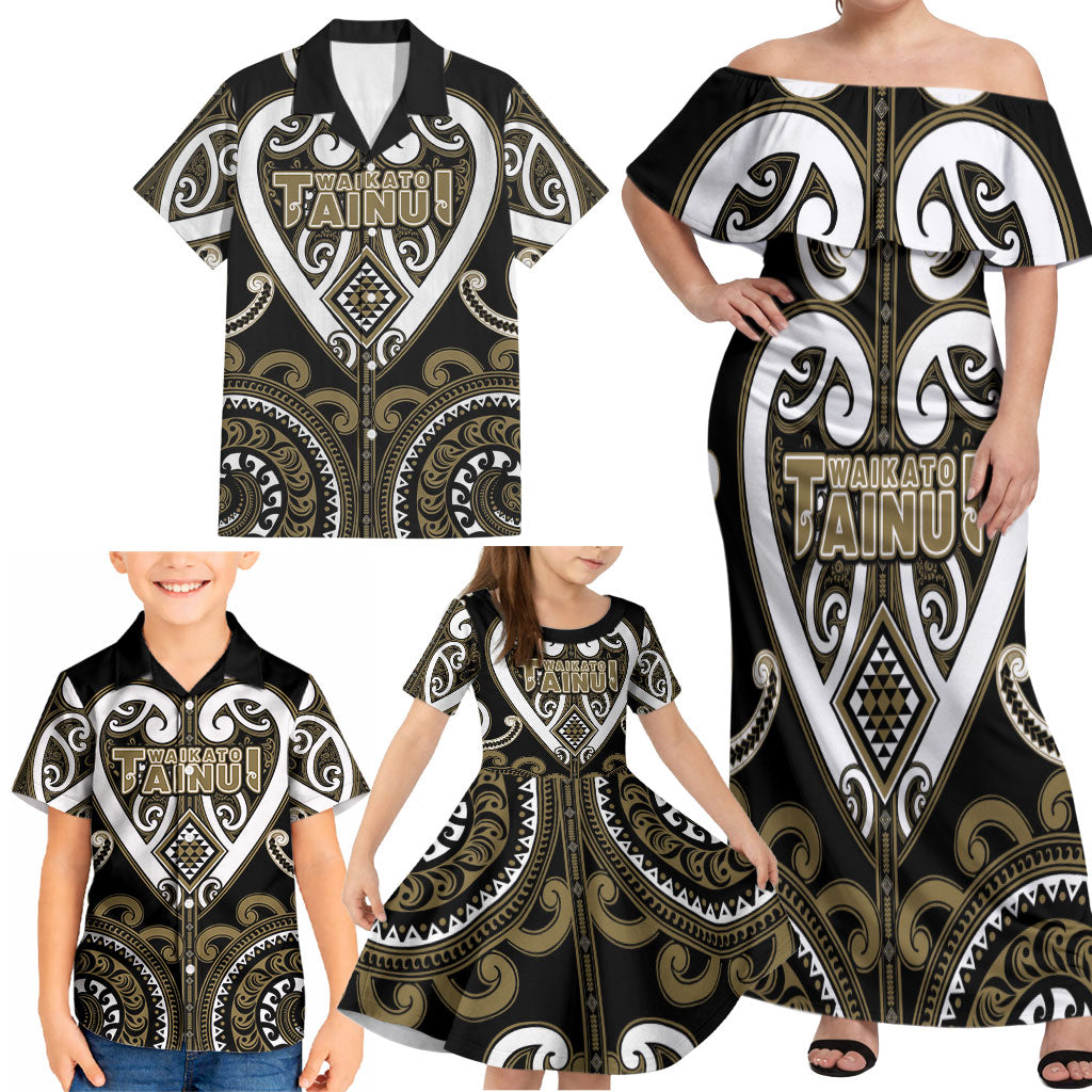 Custom Aotearoa Waikato Tainui Family Matching Off Shoulder Maxi Dress and Hawaiian Shirt Maori Tribal Pattern