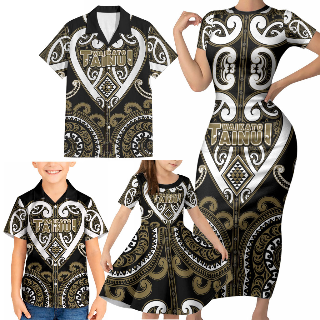 Custom Aotearoa Waikato Tainui Family Matching Short Sleeve Bodycon Dress and Hawaiian Shirt Maori Tribal Pattern LT05 - Polynesian Pride