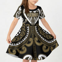 Custom Aotearoa Waikato Tainui Kid Short Sleeve Dress Maori Tribal Pattern