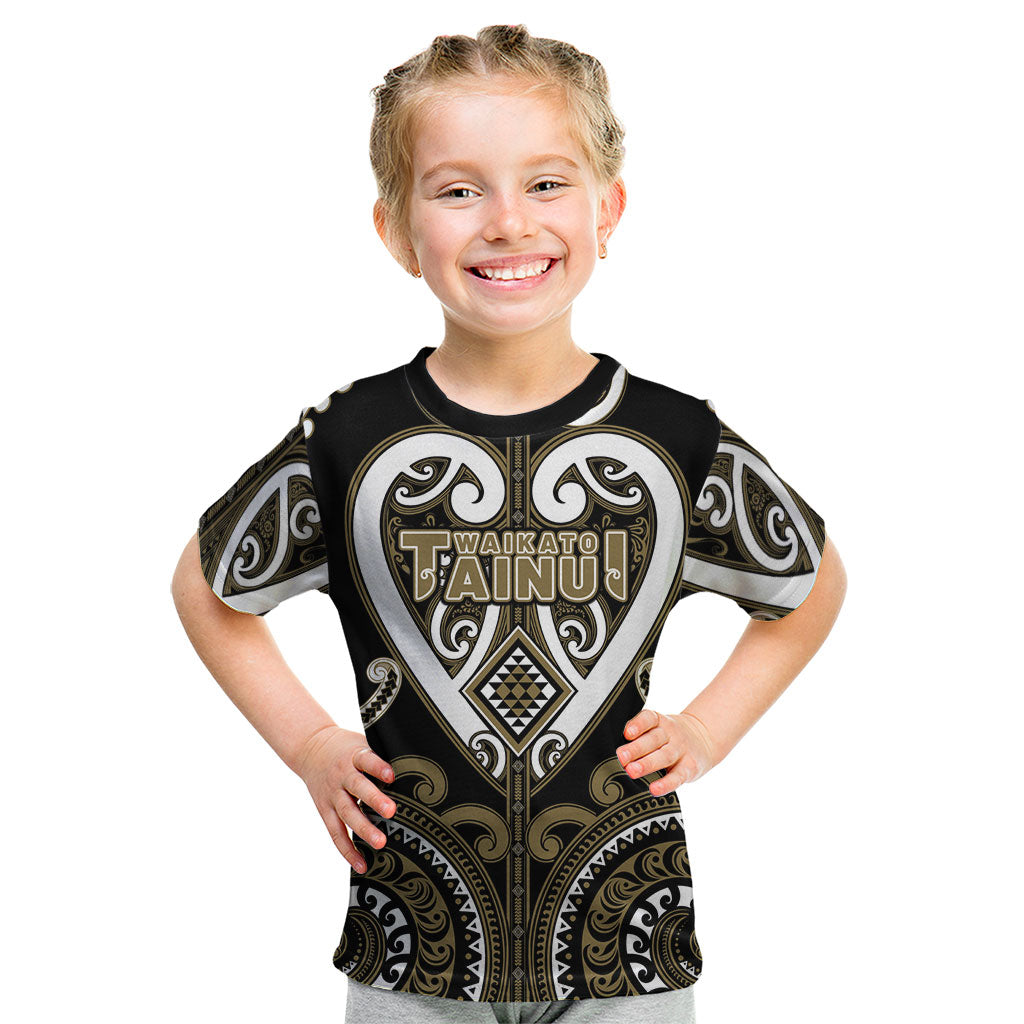 Custom Aotearoa Waikato Tainui Kid T Shirt Maori Tribal Pattern LT05 Dark Yellow - Polynesian Pride