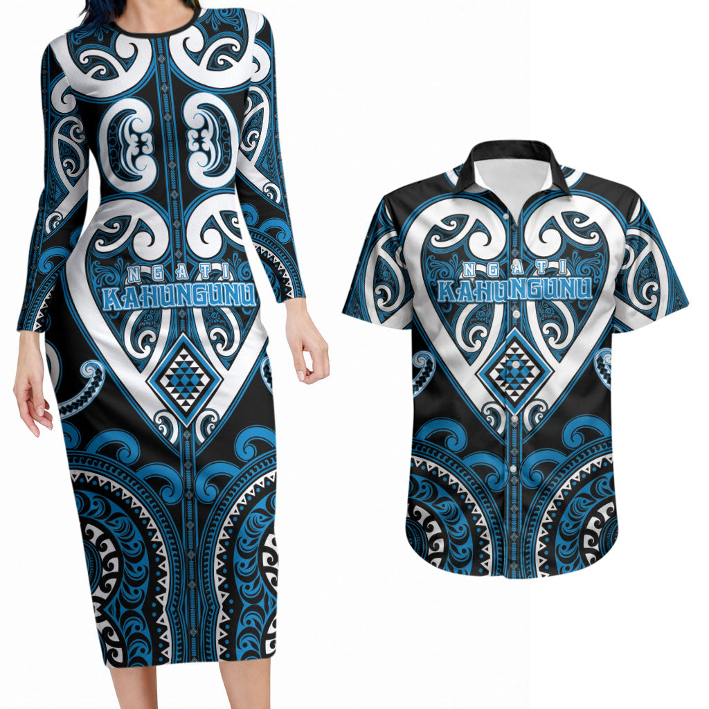 Custom Aotearoa Ngati Kahungunu Couples Matching Long Sleeve Bodycon Dress and Hawaiian Shirt Maori Tribal Pattern