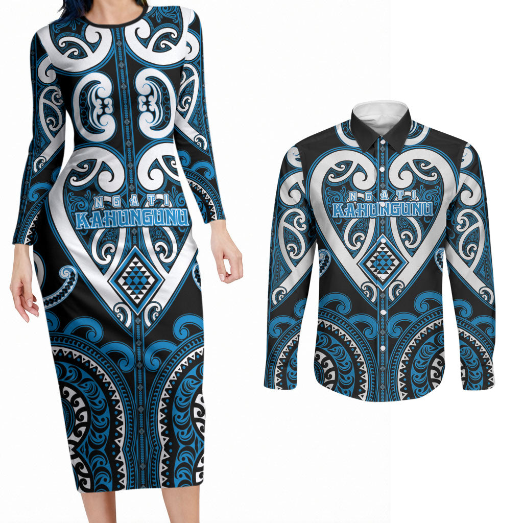 Custom Aotearoa Ngati Kahungunu Couples Matching Long Sleeve Bodycon Dress and Long Sleeve Button Shirt Maori Tribal Pattern