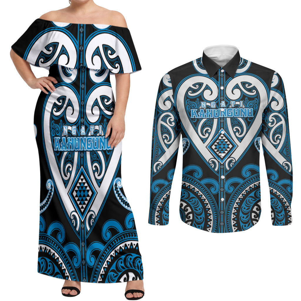 Custom Aotearoa Ngati Kahungunu Couples Matching Off Shoulder Maxi Dress and Long Sleeve Button Shirt Maori Tribal Pattern