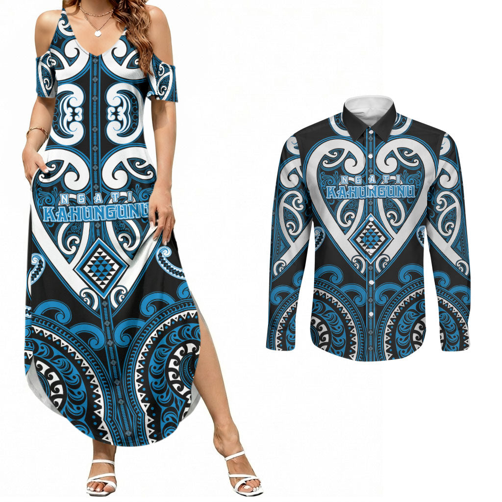 Custom Aotearoa Ngati Kahungunu Couples Matching Summer Maxi Dress and Long Sleeve Button Shirt Maori Tribal Pattern