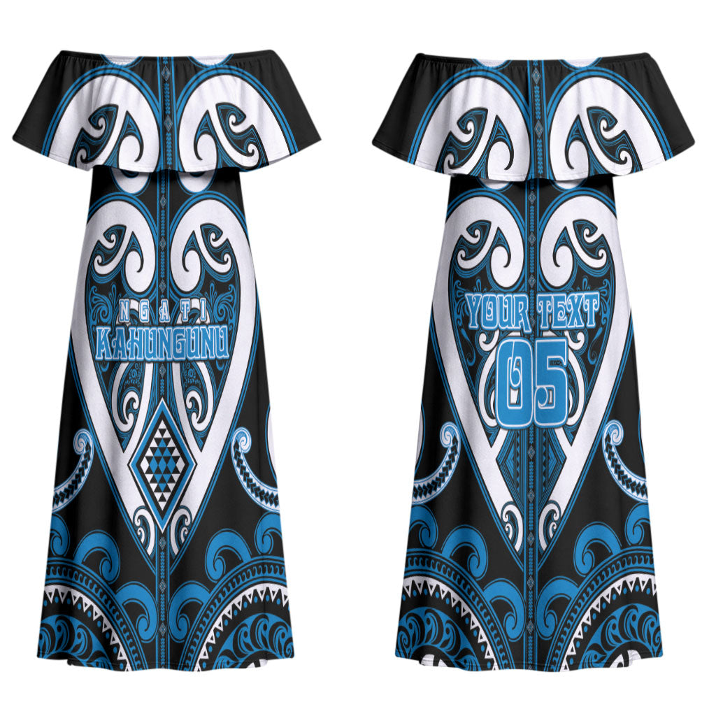 Custom Aotearoa Ngati Kahungunu Family Matching Off Shoulder Maxi Dress and Hawaiian Shirt Maori Tribal Pattern