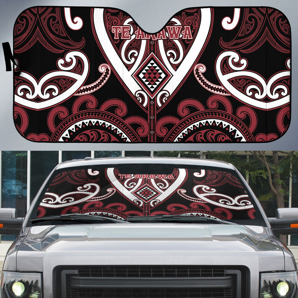 Aotearoa Te Arawa Auto Sun Shade Maori Tribal Pattern LT05 Red - Polynesian Pride