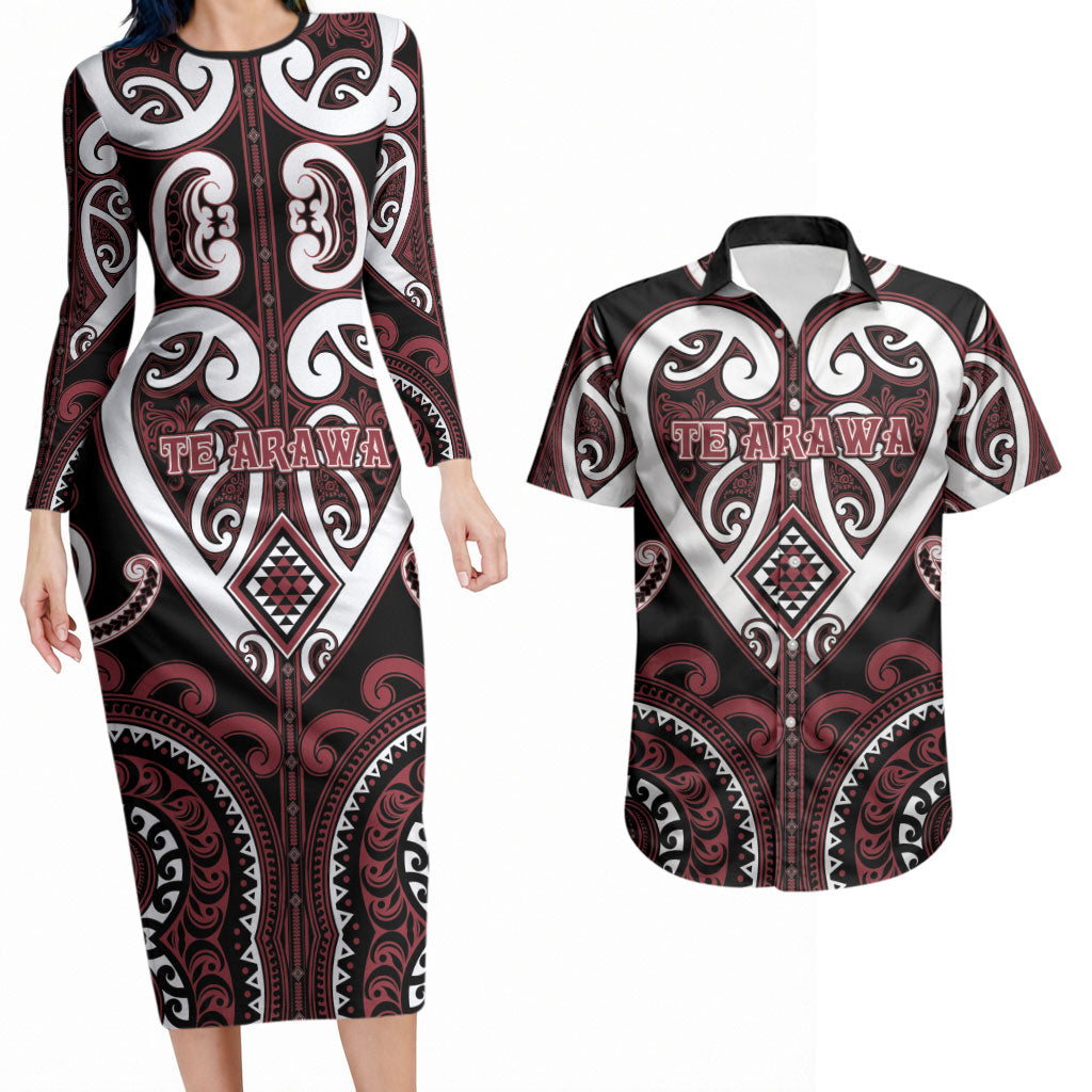 Custom Aotearoa Te Arawa Couples Matching Long Sleeve Bodycon Dress and Hawaiian Shirt Maori Tribal Pattern LT05 Red - Polynesian Pride
