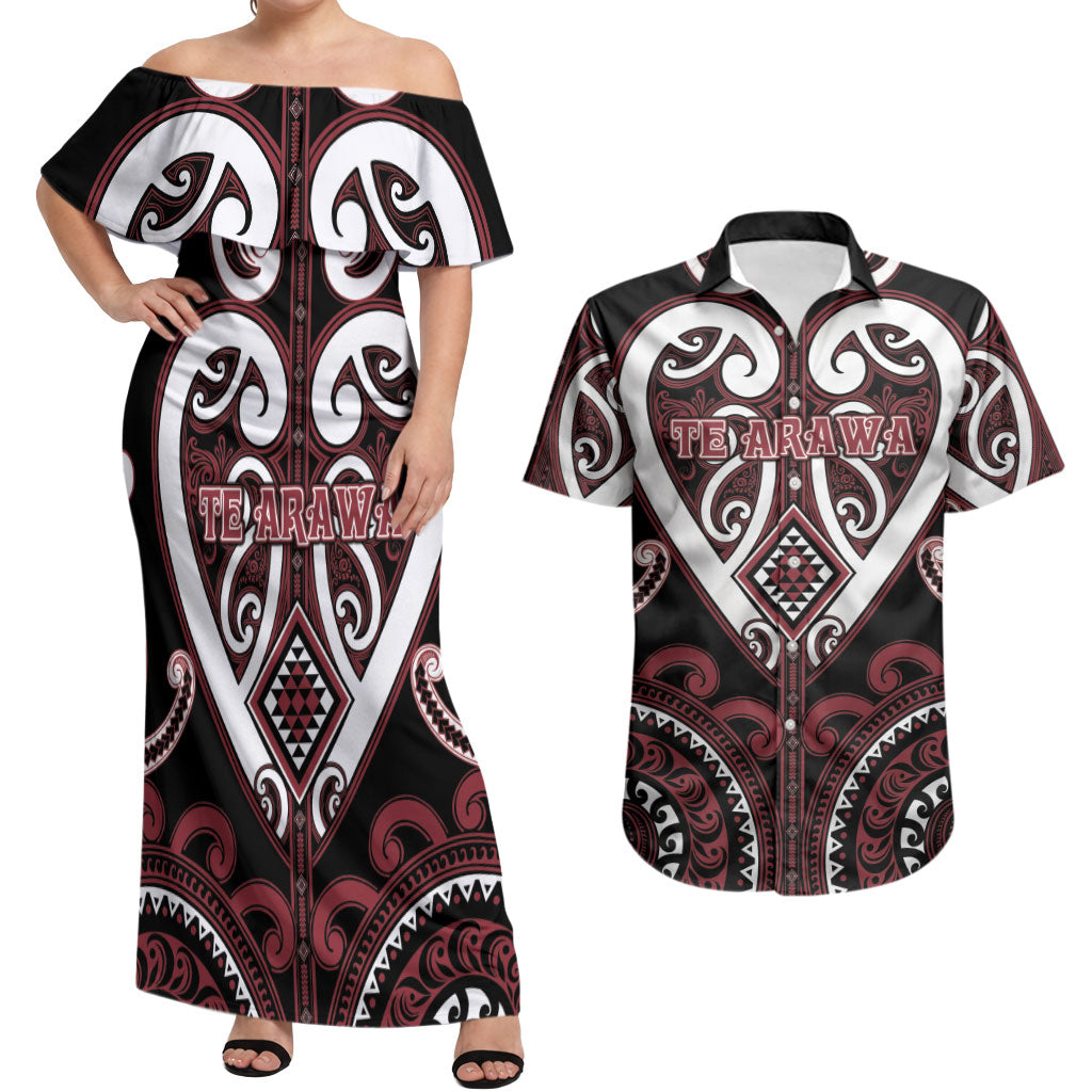 Custom Aotearoa Te Arawa Couples Matching Off Shoulder Maxi Dress and Hawaiian Shirt Maori Tribal Pattern LT05 Red - Polynesian Pride