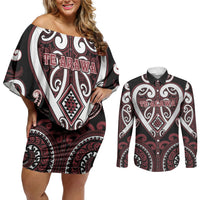 Custom Aotearoa Te Arawa Couples Matching Off Shoulder Short Dress and Long Sleeve Button Shirt Maori Tribal Pattern