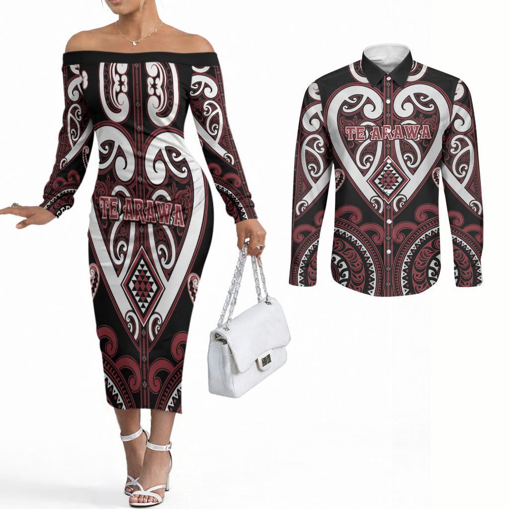 Custom Aotearoa Te Arawa Couples Matching Off The Shoulder Long Sleeve Dress and Long Sleeve Button Shirt Maori Tribal Pattern