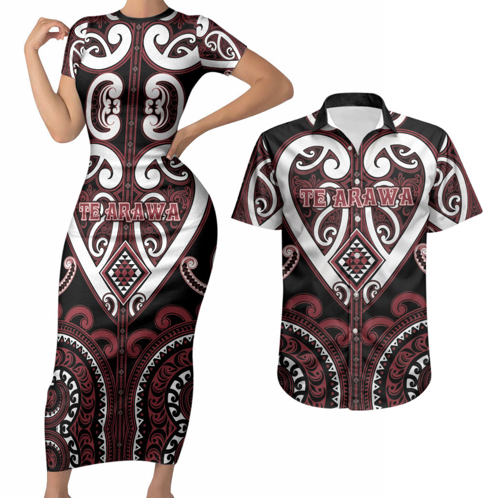 Custom Aotearoa Te Arawa Couples Matching Short Sleeve Bodycon Dress and Hawaiian Shirt Maori Tribal Pattern LT05 Red - Polynesian Pride