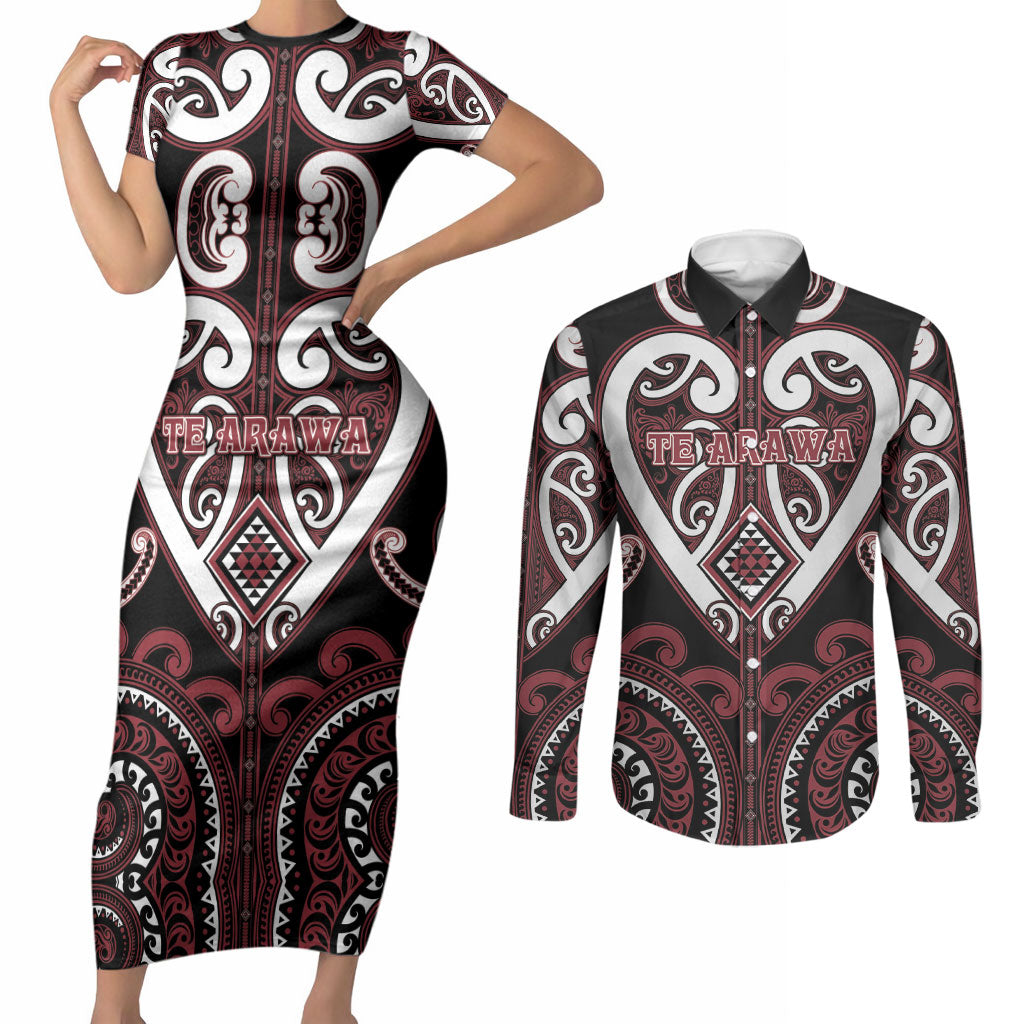 Custom Aotearoa Te Arawa Couples Matching Short Sleeve Bodycon Dress and Long Sleeve Button Shirt Maori Tribal Pattern