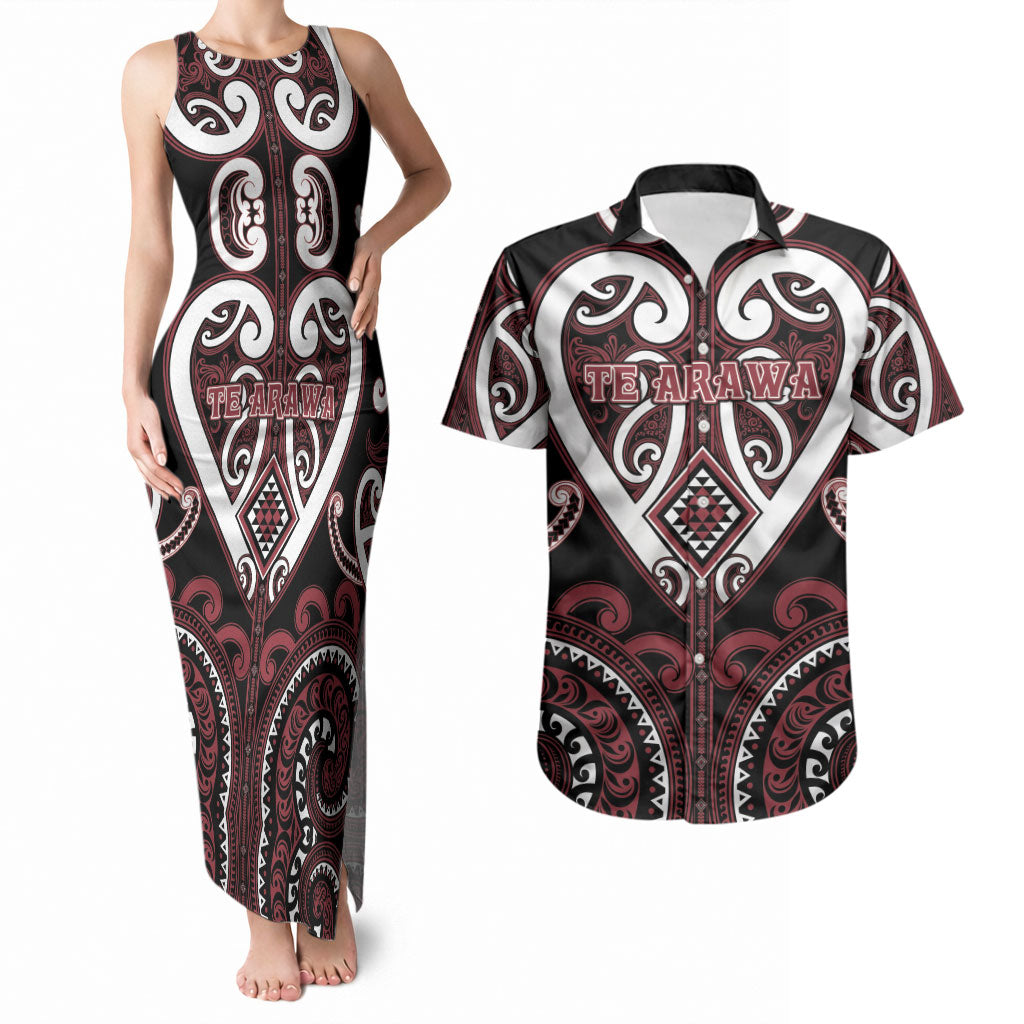 Custom Aotearoa Te Arawa Couples Matching Tank Maxi Dress and Hawaiian Shirt Maori Tribal Pattern LT05 Red - Polynesian Pride
