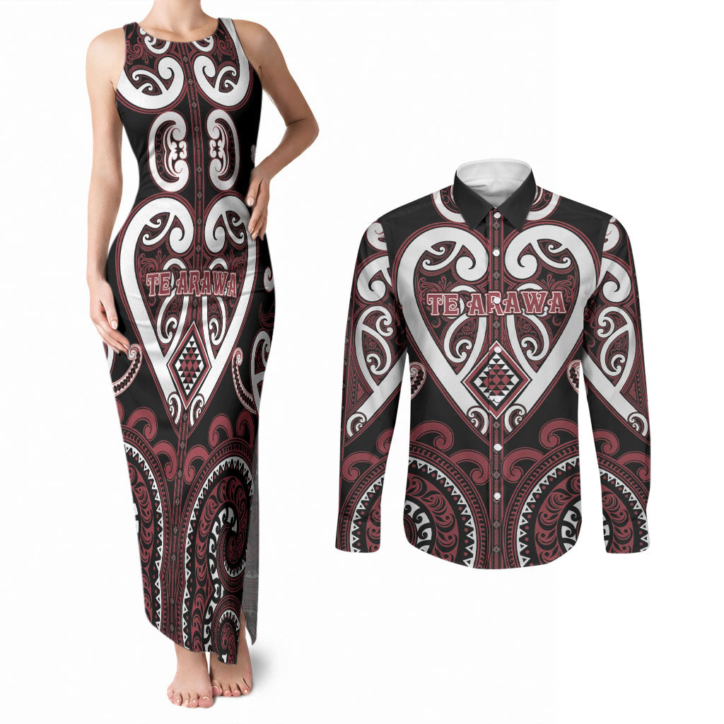 Custom Aotearoa Te Arawa Couples Matching Tank Maxi Dress and Long Sleeve Button Shirt Maori Tribal Pattern LT05 Red - Polynesian Pride