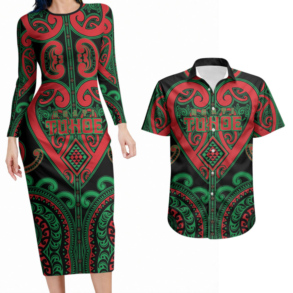 Custom Aotearoa Ngai Tuhoe Couples Matching Long Sleeve Bodycon Dress and Hawaiian Shirt Maori Tribal Pattern