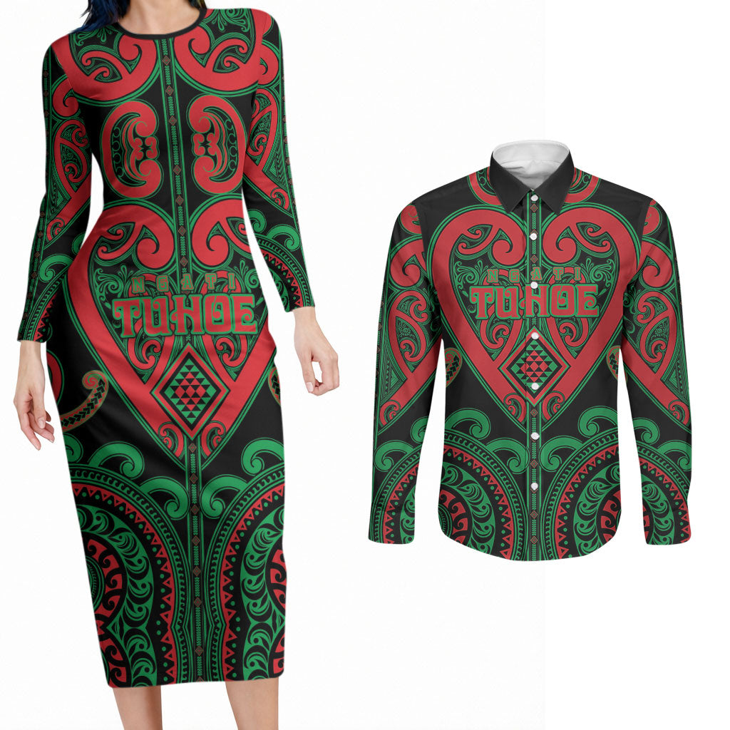 Custom Aotearoa Ngai Tuhoe Couples Matching Long Sleeve Bodycon Dress and Long Sleeve Button Shirt Maori Tribal Pattern