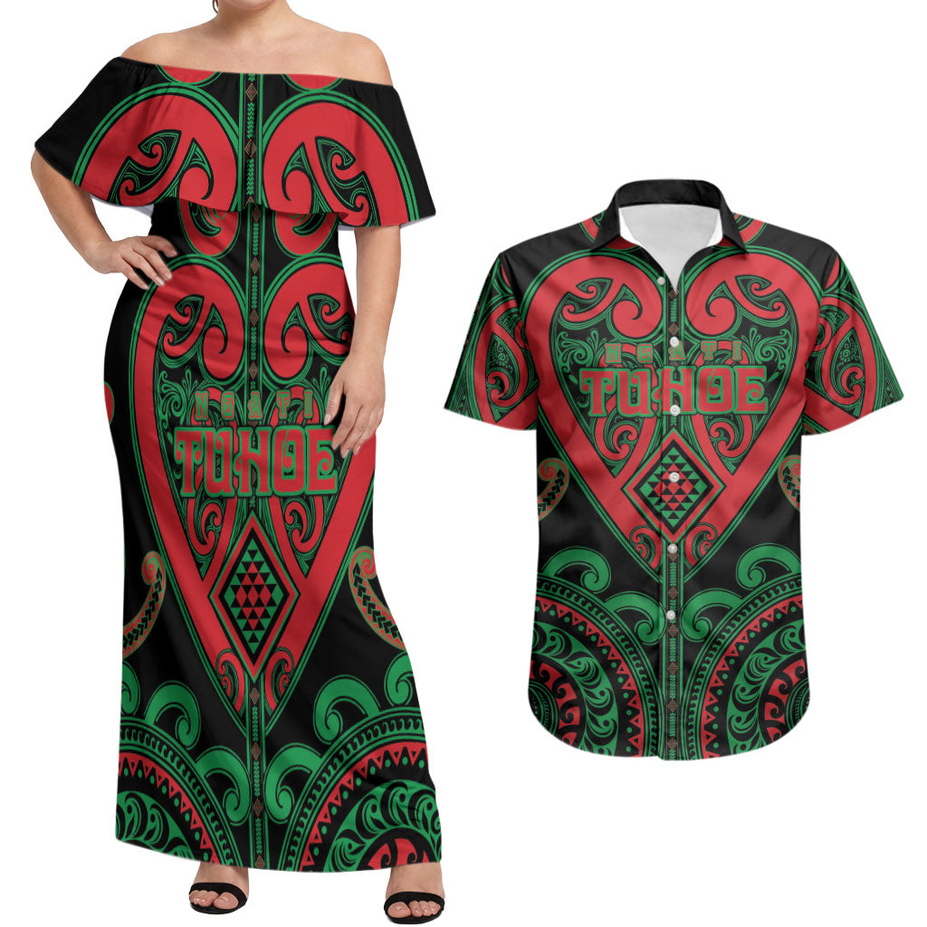 Custom Aotearoa Ngai Tuhoe Couples Matching Off Shoulder Maxi Dress and Hawaiian Shirt Maori Tribal Pattern LT05 Black - Polynesian Pride