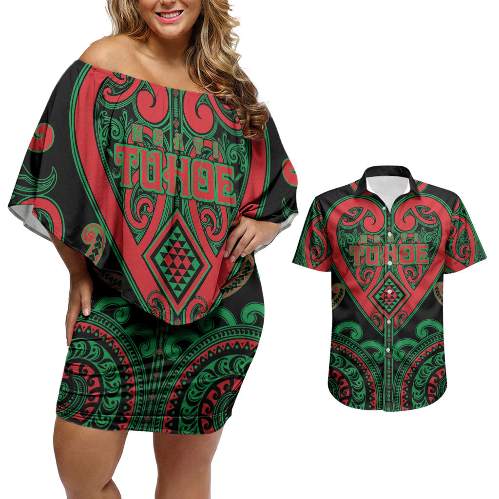 Custom Aotearoa Ngai Tuhoe Couples Matching Off Shoulder Short Dress and Hawaiian Shirt Maori Tribal Pattern