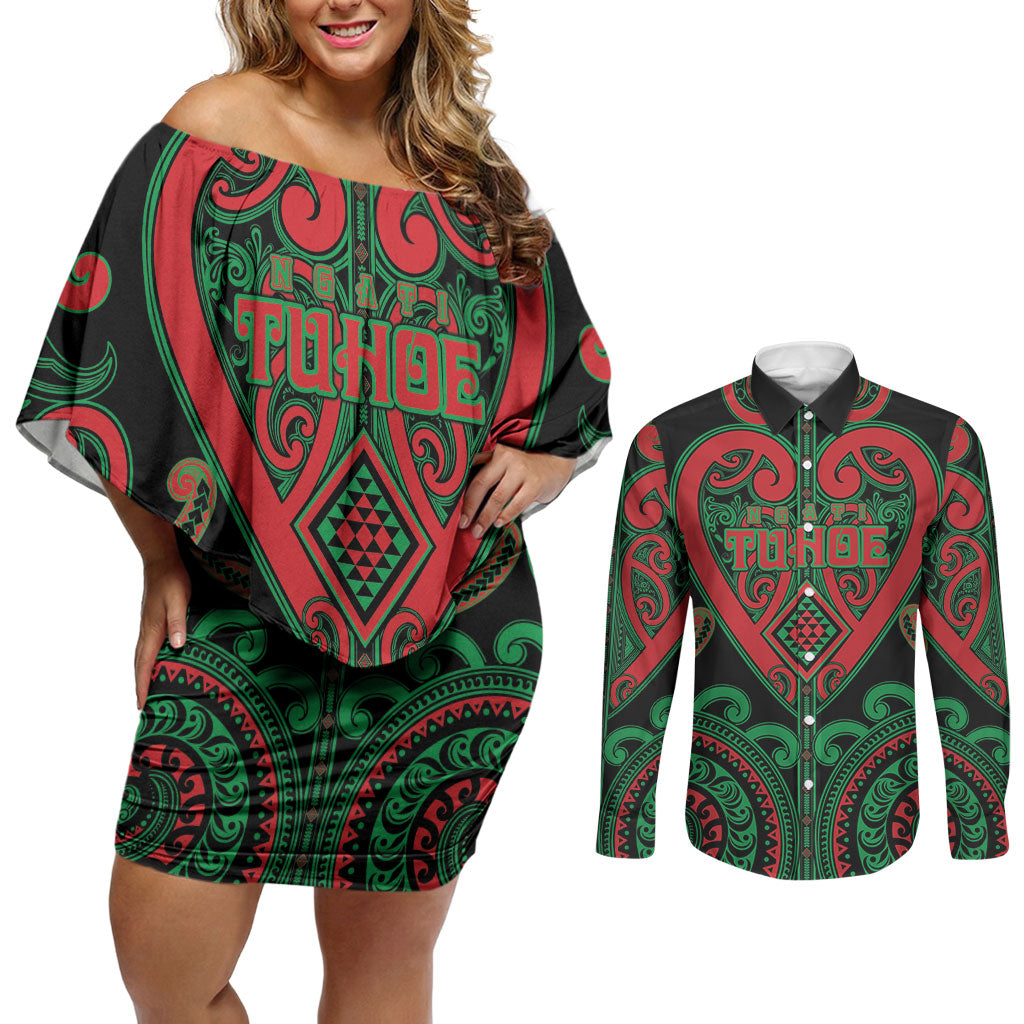Custom Aotearoa Ngai Tuhoe Couples Matching Off Shoulder Short Dress and Long Sleeve Button Shirt Maori Tribal Pattern LT05 Black - Polynesian Pride