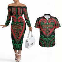 Custom Aotearoa Ngai Tuhoe Couples Matching Off The Shoulder Long Sleeve Dress and Hawaiian Shirt Maori Tribal Pattern