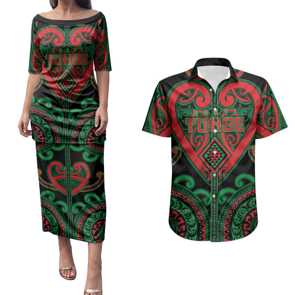 Custom Aotearoa Ngai Tuhoe Couples Matching Puletasi and Hawaiian Shirt Maori Tribal Pattern LT05 Black - Polynesian Pride