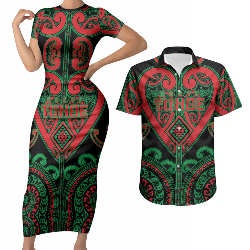 Custom Aotearoa Ngai Tuhoe Couples Matching Short Sleeve Bodycon Dress and Hawaiian Shirt Maori Tribal Pattern LT05 Black - Polynesian Pride