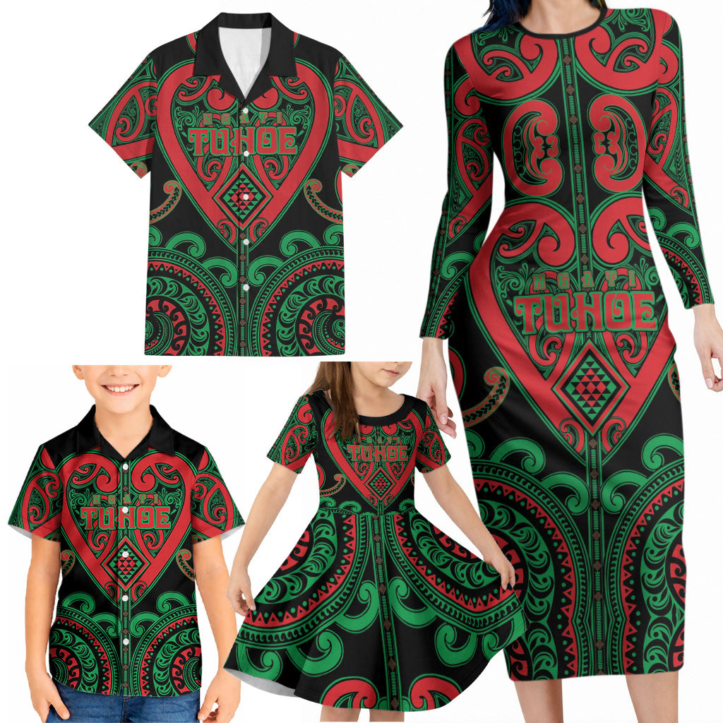 Custom Aotearoa Ngai Tuhoe Family Matching Long Sleeve Bodycon Dress and Hawaiian Shirt Maori Tribal Pattern LT05 - Polynesian Pride