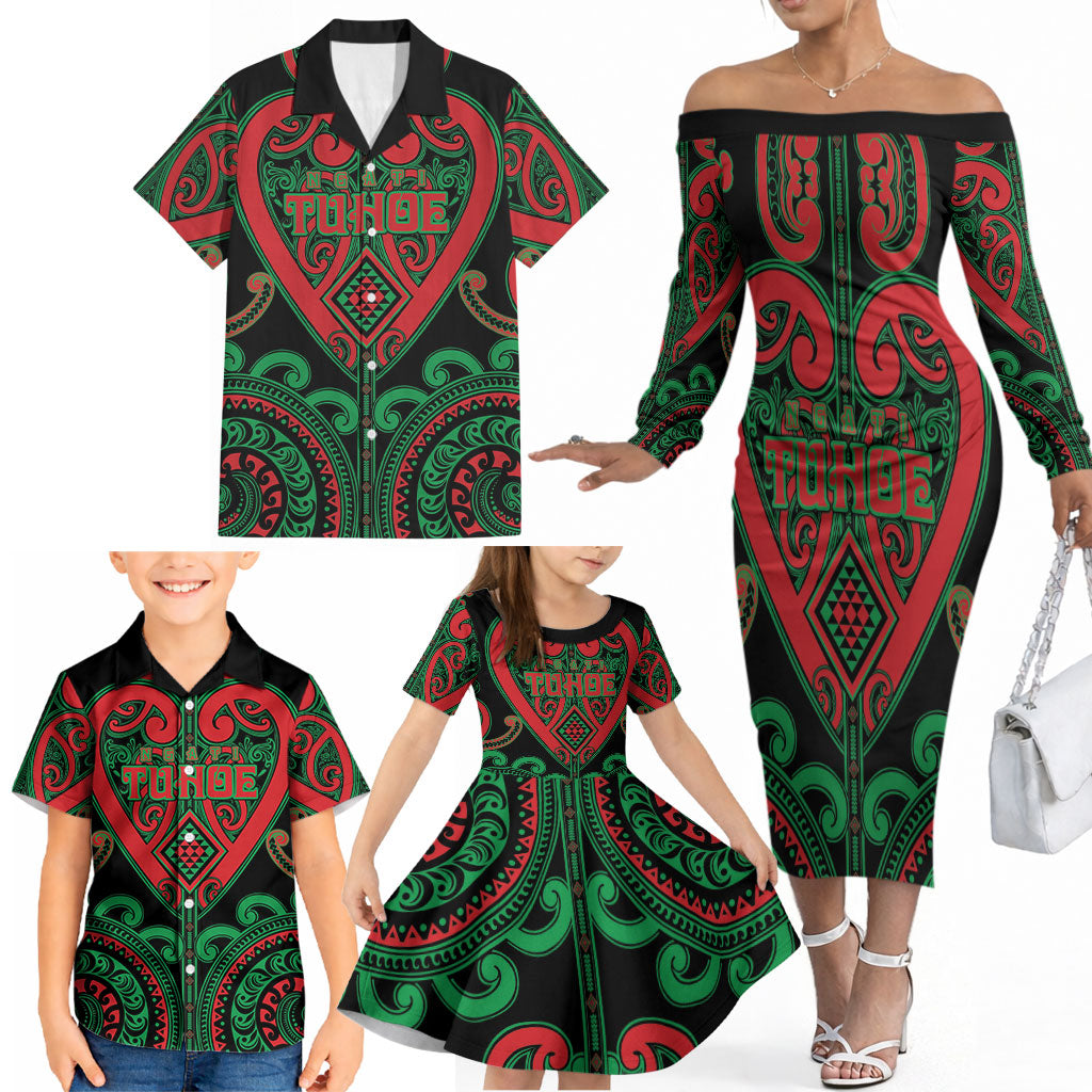 Custom Aotearoa Ngai Tuhoe Family Matching Off The Shoulder Long Sleeve Dress and Hawaiian Shirt Maori Tribal Pattern