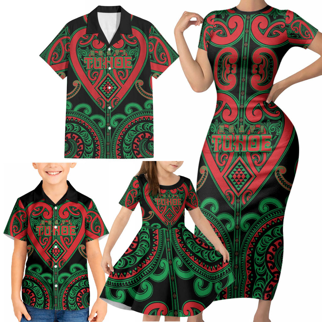 Custom Aotearoa Ngai Tuhoe Family Matching Short Sleeve Bodycon Dress and Hawaiian Shirt Maori Tribal Pattern