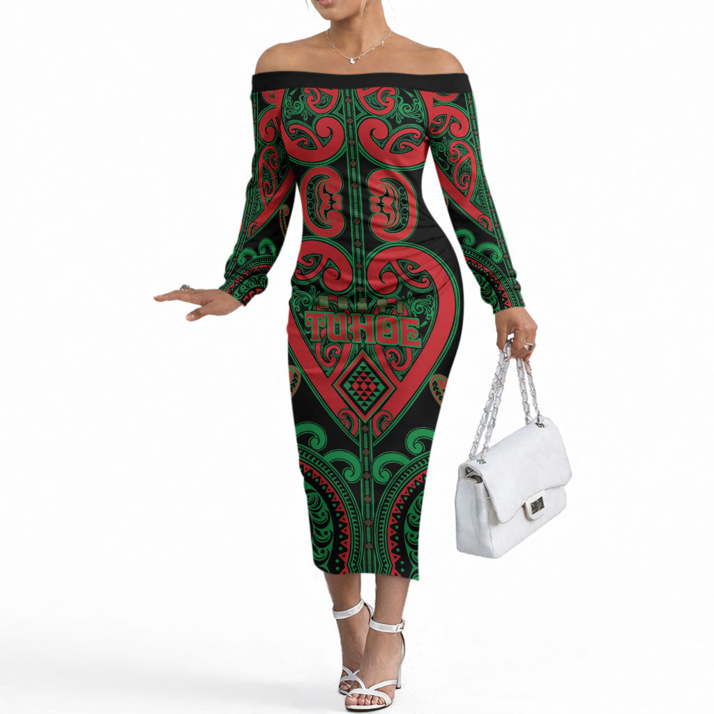 Custom Aotearoa Ngai Tuhoe Off The Shoulder Long Sleeve Dress Maori Tribal Pattern