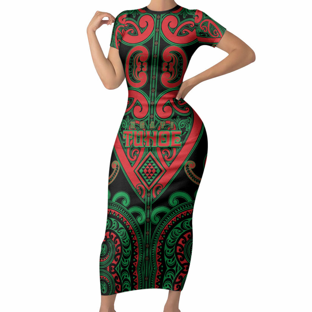 Custom Aotearoa Ngai Tuhoe Short Sleeve Bodycon Dress Maori Tribal Pattern