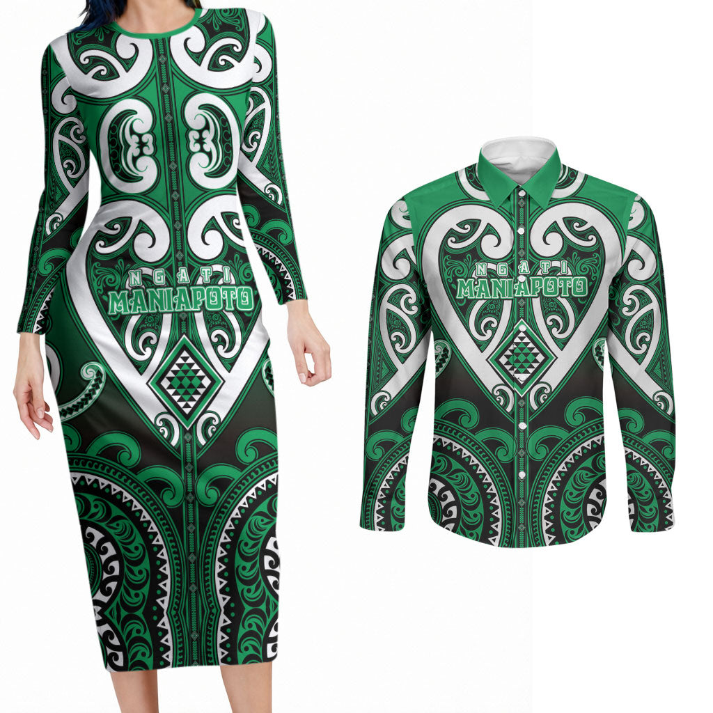 Custom Aotearoa Ngati Maniapoto Couples Matching Long Sleeve Bodycon Dress and Long Sleeve Button Shirt Maori Tribal Pattern LT05 Green - Polynesian Pride