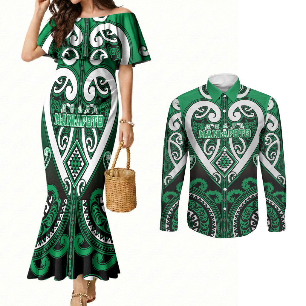 Custom Aotearoa Ngati Maniapoto Couples Matching Mermaid Dress and Long Sleeve Button Shirt Maori Tribal Pattern