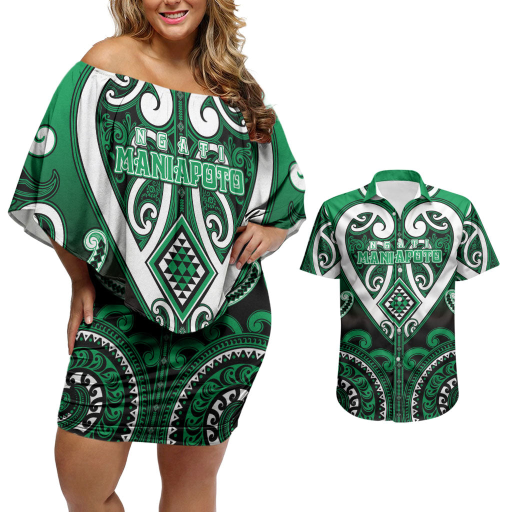 Custom Aotearoa Ngati Maniapoto Couples Matching Off Shoulder Short Dress and Hawaiian Shirt Maori Tribal Pattern