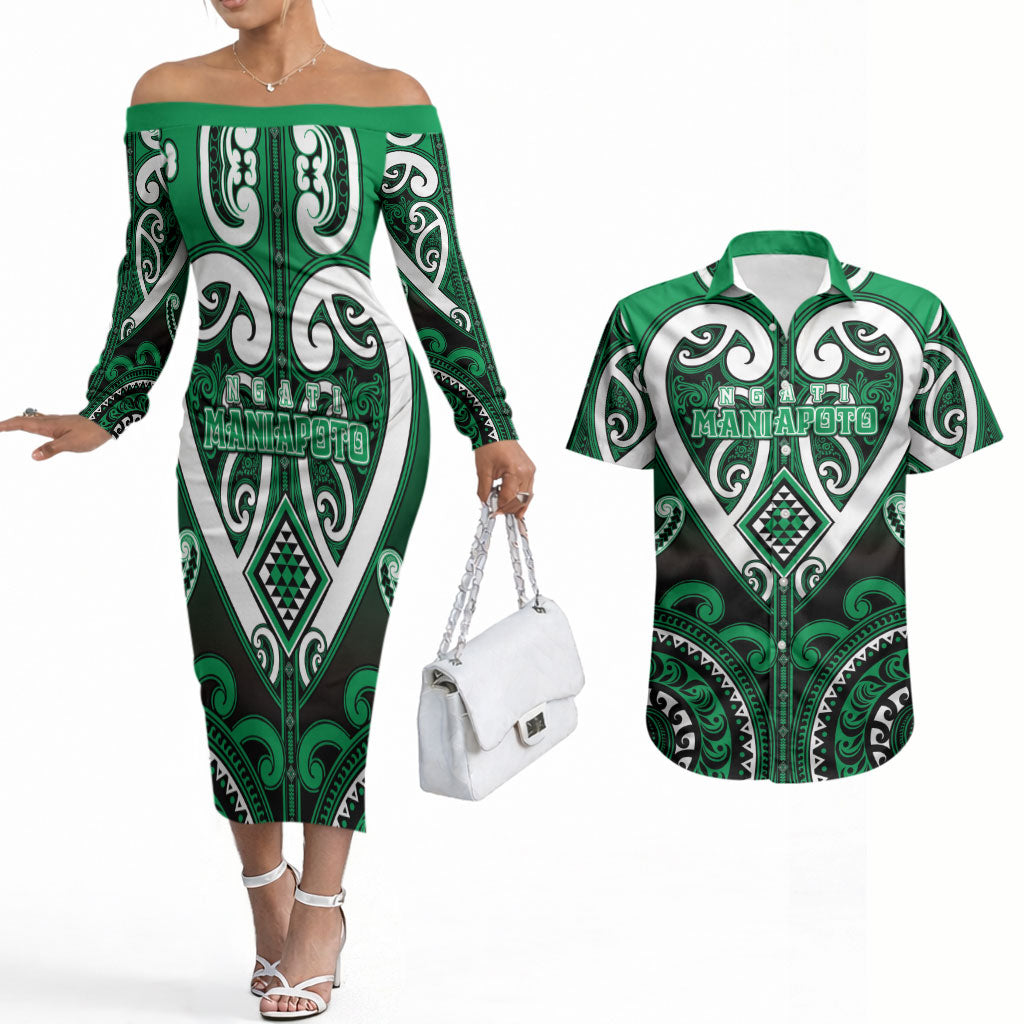 Custom Aotearoa Ngati Maniapoto Couples Matching Off The Shoulder Long Sleeve Dress and Hawaiian Shirt Maori Tribal Pattern LT05 Green - Polynesian Pride