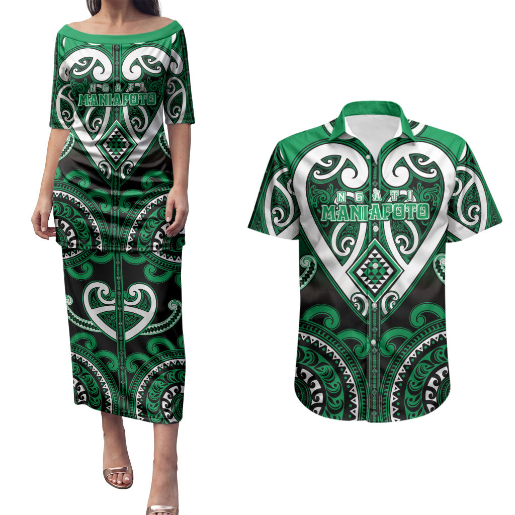 Custom Aotearoa Ngati Maniapoto Couples Matching Puletasi and Hawaiian Shirt Maori Tribal Pattern LT05 Green - Polynesian Pride