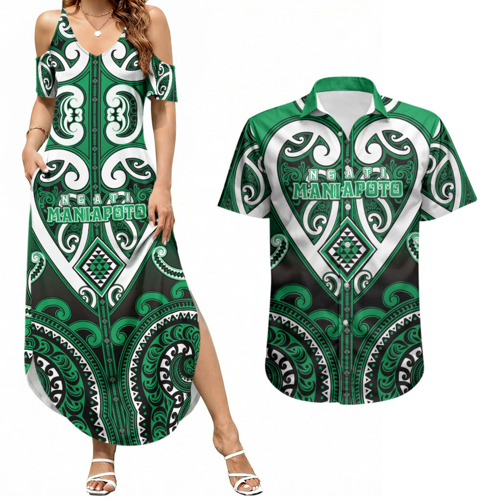 Custom Aotearoa Ngati Maniapoto Couples Matching Summer Maxi Dress and Hawaiian Shirt Maori Tribal Pattern LT05 Green - Polynesian Pride