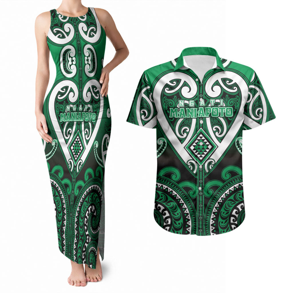 Custom Aotearoa Ngati Maniapoto Couples Matching Tank Maxi Dress and Hawaiian Shirt Maori Tribal Pattern LT05 Green - Polynesian Pride
