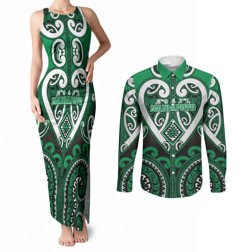 Custom Aotearoa Ngati Maniapoto Couples Matching Tank Maxi Dress and Long Sleeve Button Shirt Maori Tribal Pattern