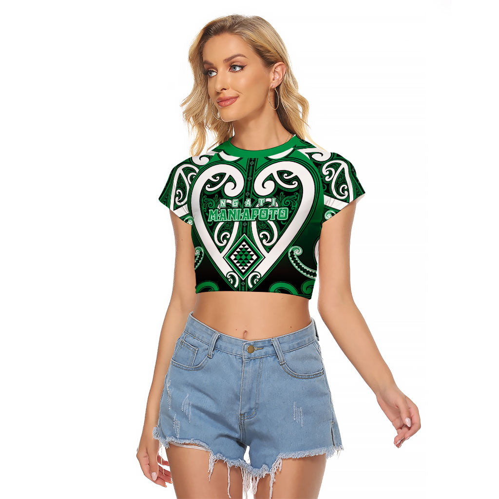 Custom Aotearoa Ngati Maniapoto Raglan Cropped T Shirt Maori Tribal Pattern LT05 Female Green - Polynesian Pride
