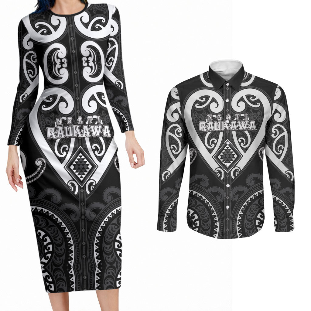 Custom Aotearoa Ngati Raukawa Couples Matching Long Sleeve Bodycon Dress and Long Sleeve Button Shirt Maori Tribal Pattern