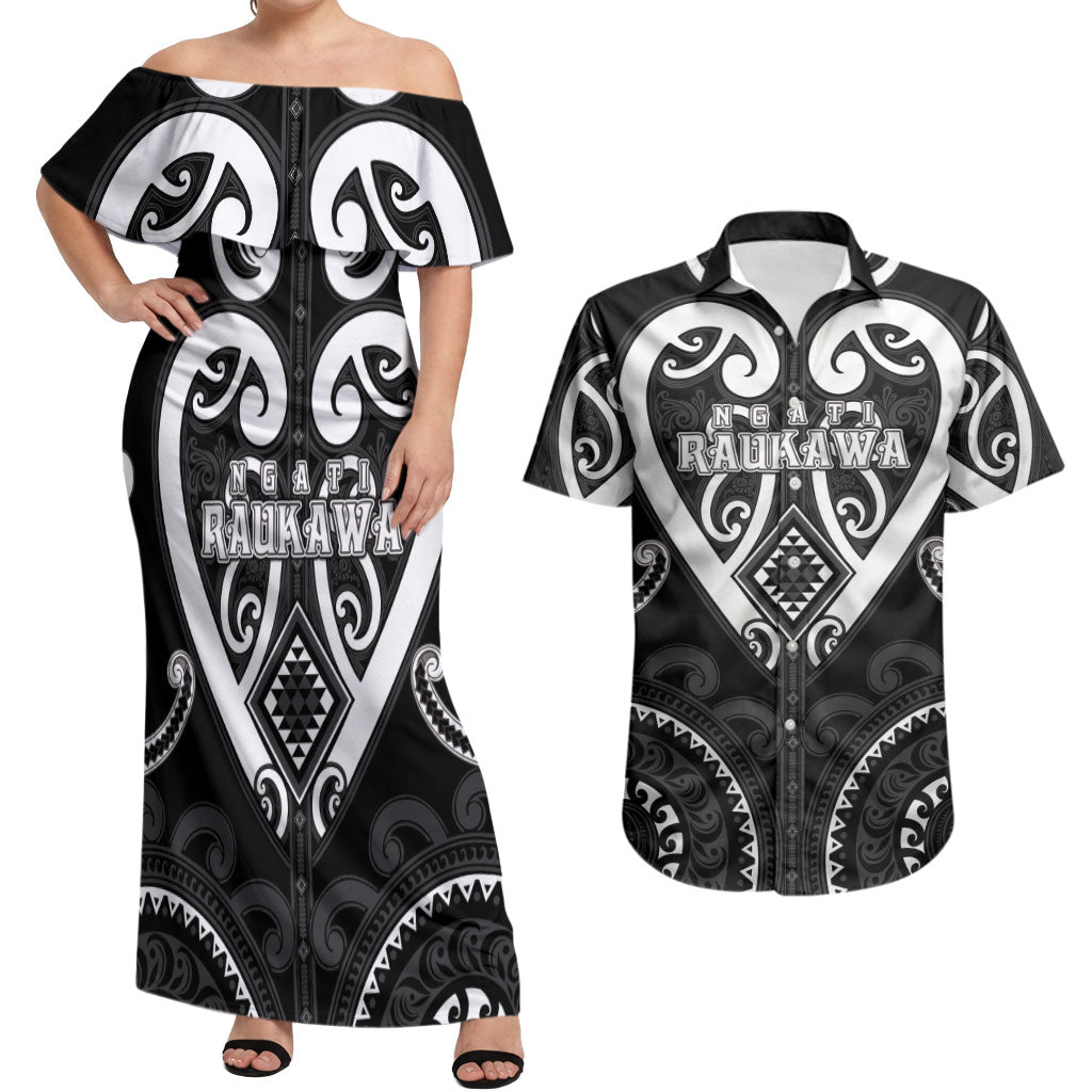 Custom Aotearoa Ngati Raukawa Couples Matching Off Shoulder Maxi Dress and Hawaiian Shirt Maori Tribal Pattern LT05 Black - Polynesian Pride