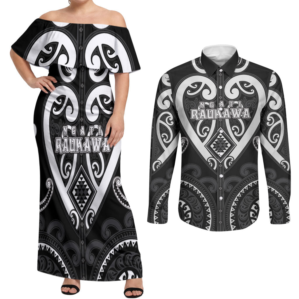 Custom Aotearoa Ngati Raukawa Couples Matching Off Shoulder Maxi Dress and Long Sleeve Button Shirt Maori Tribal Pattern