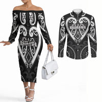 Custom Aotearoa Ngati Raukawa Couples Matching Off The Shoulder Long Sleeve Dress and Long Sleeve Button Shirt Maori Tribal Pattern