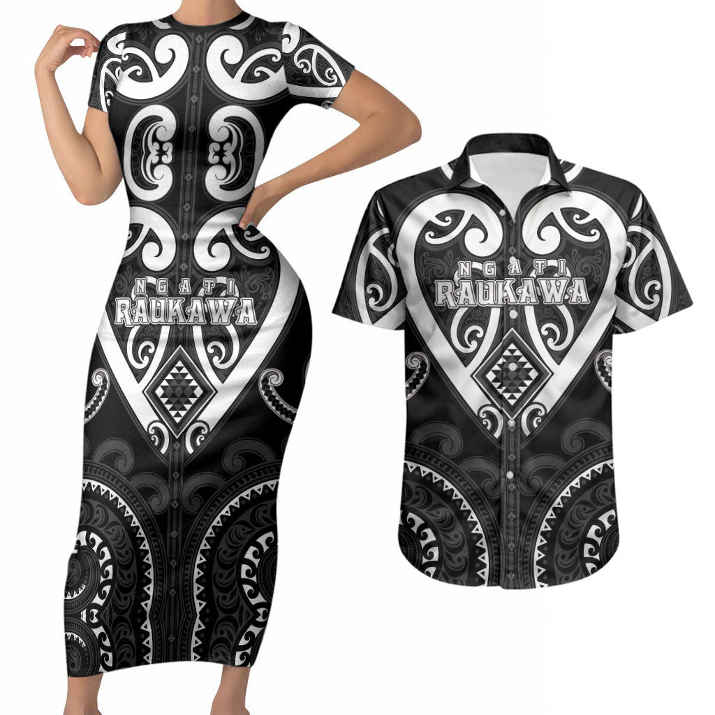 Custom Aotearoa Ngati Raukawa Couples Matching Short Sleeve Bodycon Dress and Hawaiian Shirt Maori Tribal Pattern LT05 Black - Polynesian Pride